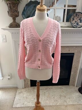 Loft Pink Openwork Crochet Button Front Cardigan Sweater